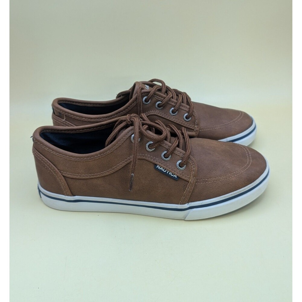 Nautica Boys Casual Low Top Sneakers Brown Faux Leather Lace Up Shoes Size 3